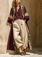Bohemian Three-piece Set: Ethnic-print Cotton-linen Long Cardigan, Sleeveless Top, And Trousers