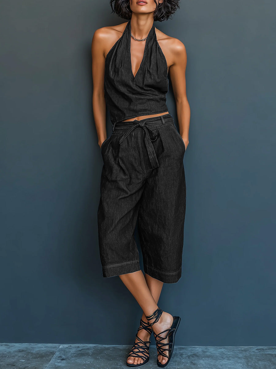 Women's V-neck Sleeveless Casual Loose Top And High-waisted Casual Loose Wide-leg Jeans Set