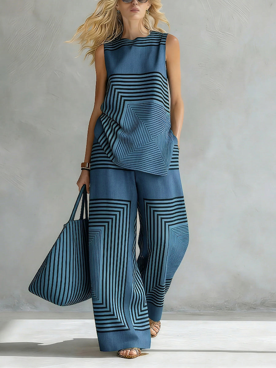 Artistic Geometric Line Print Cotton-linen Two-piece Set