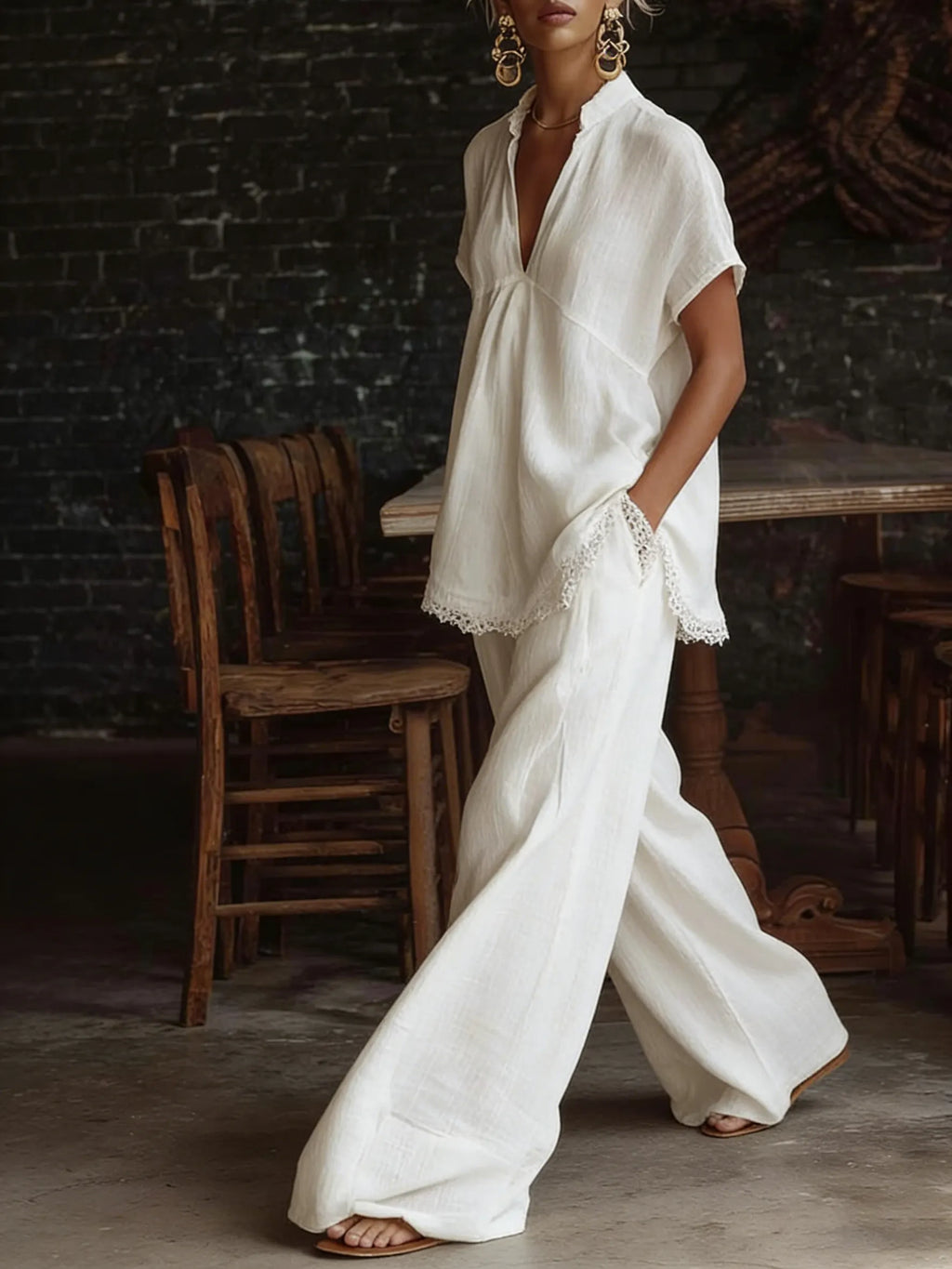 Retro Lace-hem Cotton-linen Two-piece Set