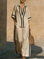 Stylish Trimmed Edge Color-blocked Cotton Linen Two-piece Set