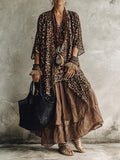 Women's Leopard Print Blouse With Distressed Half Skirt Cotton-linen Set