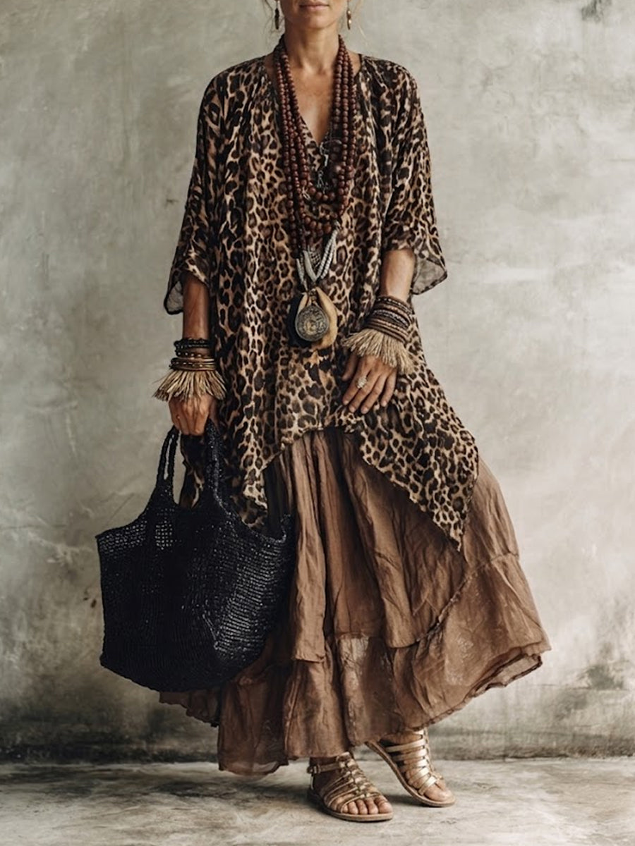 Women's Leopard Print Blouse With Distressed Half Skirt Cotton-linen Set