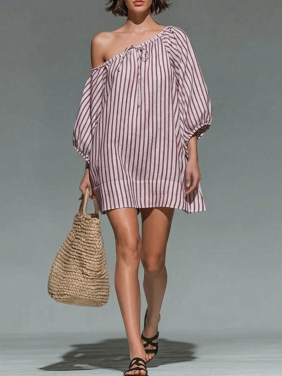 Women's Round Neck 3/4 Sleeve Casual Loose Cotton Linen Dress
