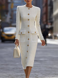 Tweed Button-Down Midi Dress With Patch Pockets