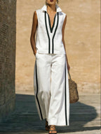 Elegant Trimmed Edge Color-blocked Cotton Linen Two-piece Set