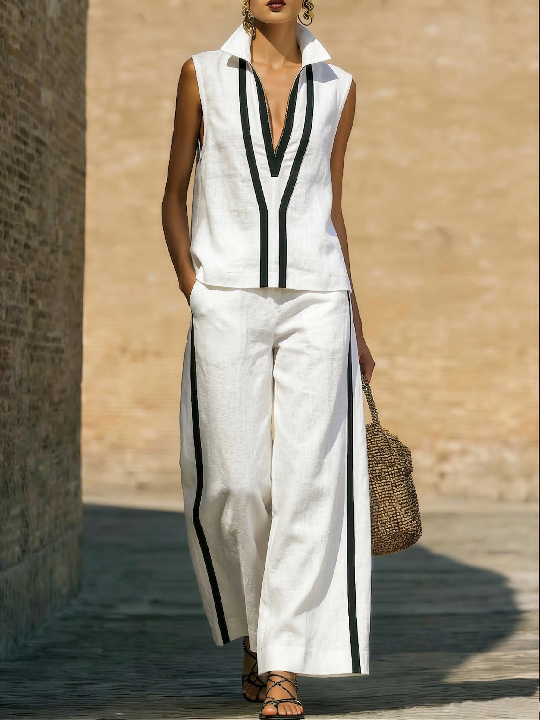Elegant Trimmed Edge Color-blocked Cotton Linen Two-piece Set