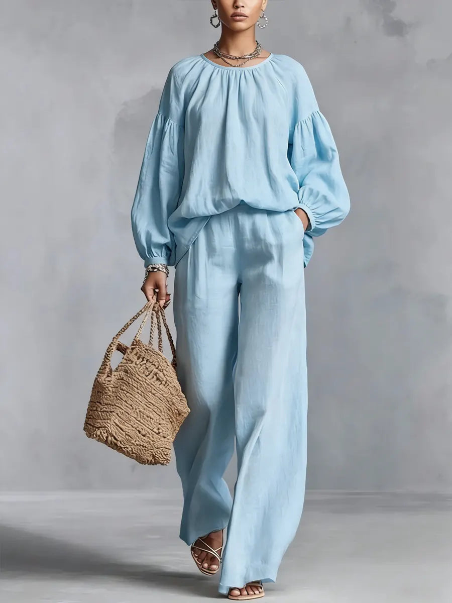 Linen Lantern Sleeve Wide-leg Pants Set