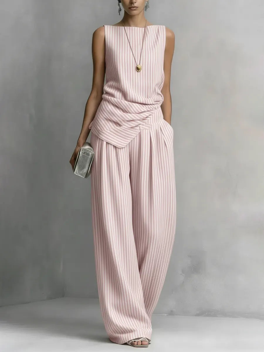 Women's Casual Simple Sleeveless Striped Cotton Linen Set