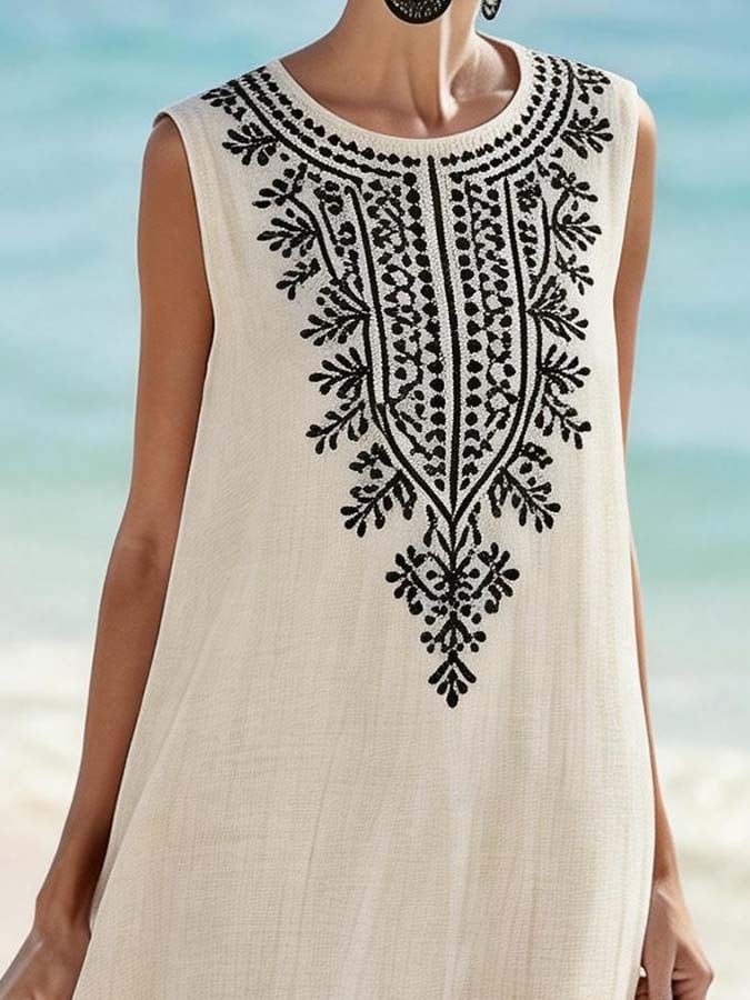 Women'S Round Neck Sleeveless Color-Block Printed Dress