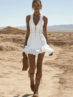 [24-hour shipping out]Stylish Casual White Denim Zipper Ruffle Trim Mini Dress