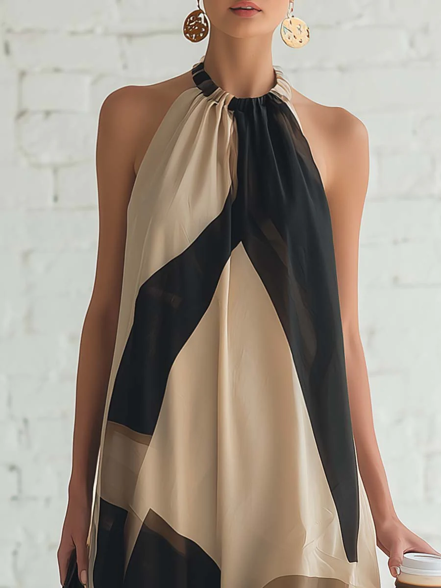 Artistic Color-blocked Vacation Halter Neck Maxi Dress