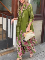 Loose And Cozy Floral-print Long Shirt And Pants Two-piece Set