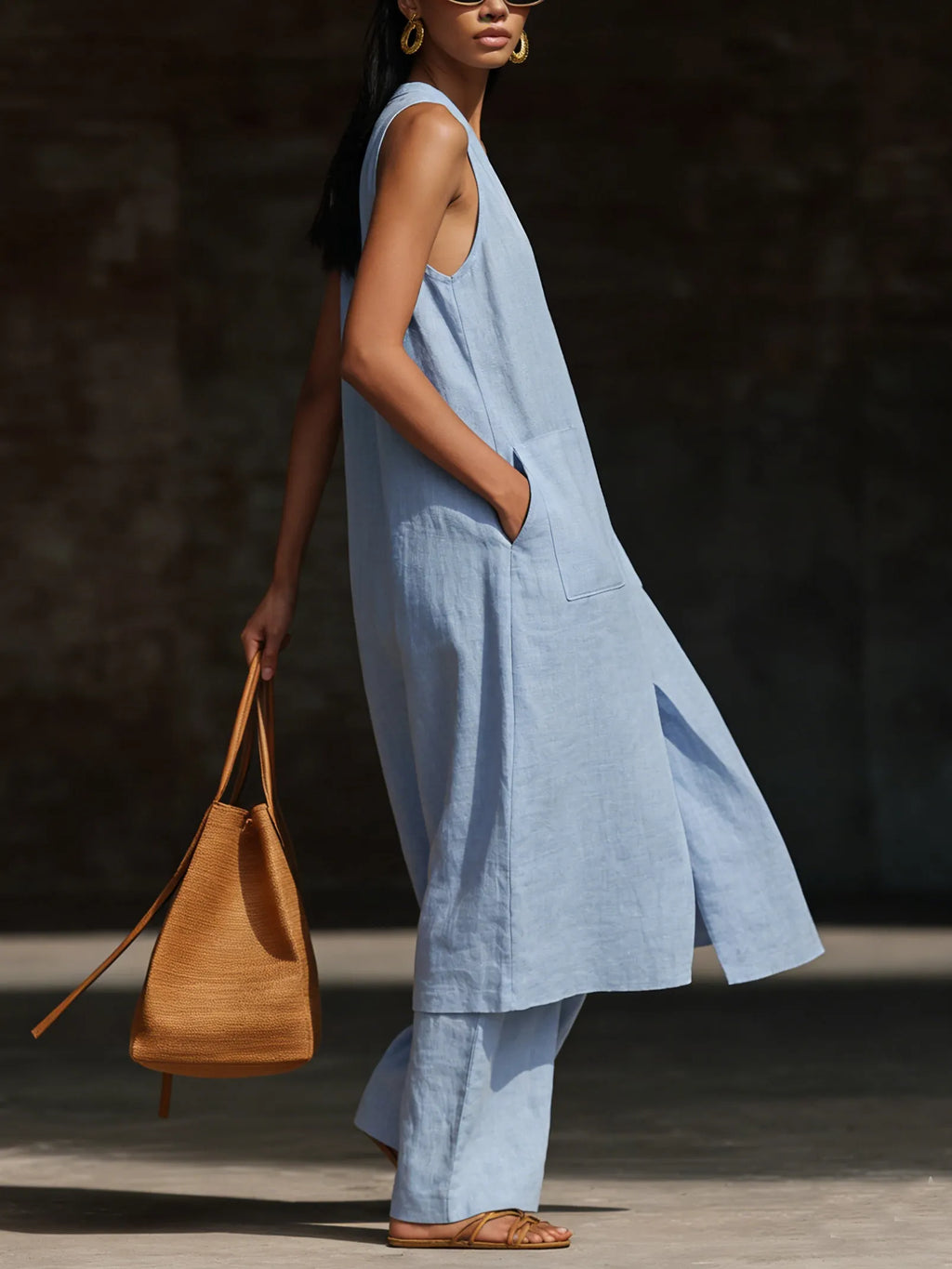 Stylish V-neck Long Shirt And Wide-leg Pant Linen Two-piece Set