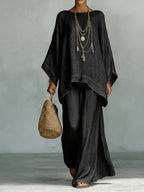 Cozy And Casual Tencel Denim Top And Wide-leg Pants Two-piece Set