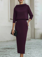Women's Solid Color Boat Neck 3/4 Sleeve Casual Loose Top And High Waist Casual Slim Pencil Skirt Set