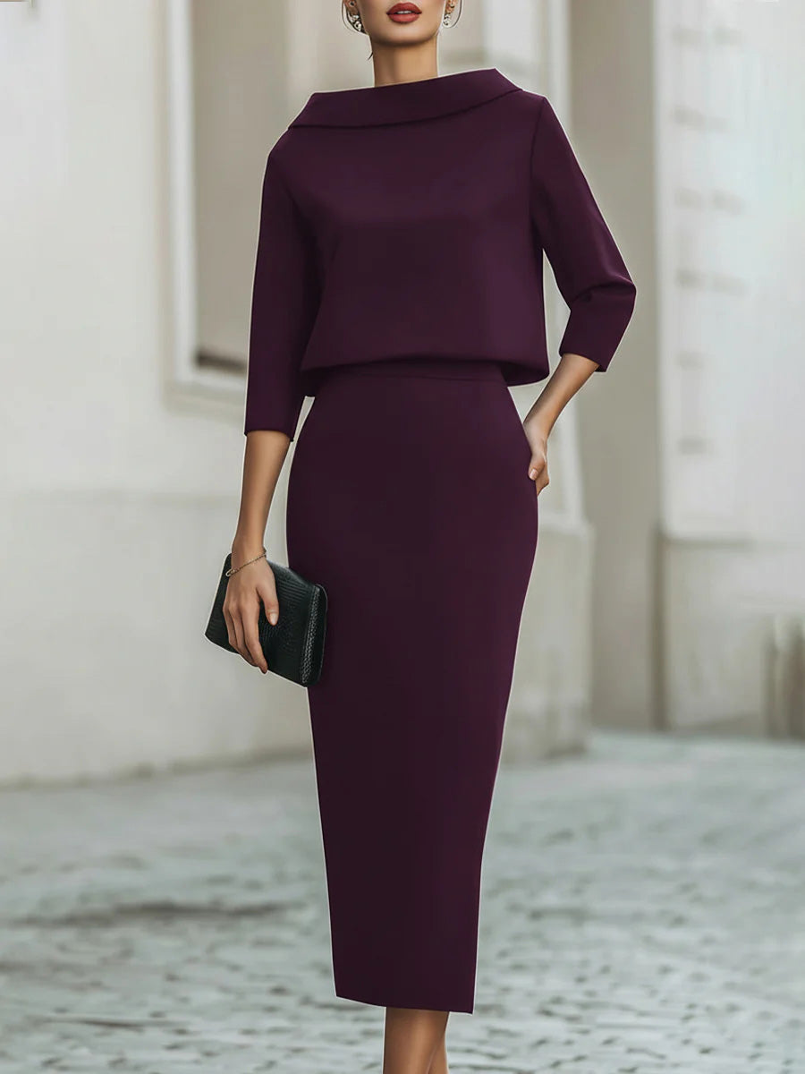 Women's Solid Color Boat Neck 3/4 Sleeve Casual Loose Top And High Waist Casual Slim Pencil Skirt Set