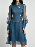 Stylish Stand-collar Organza-paneled Denim Dress