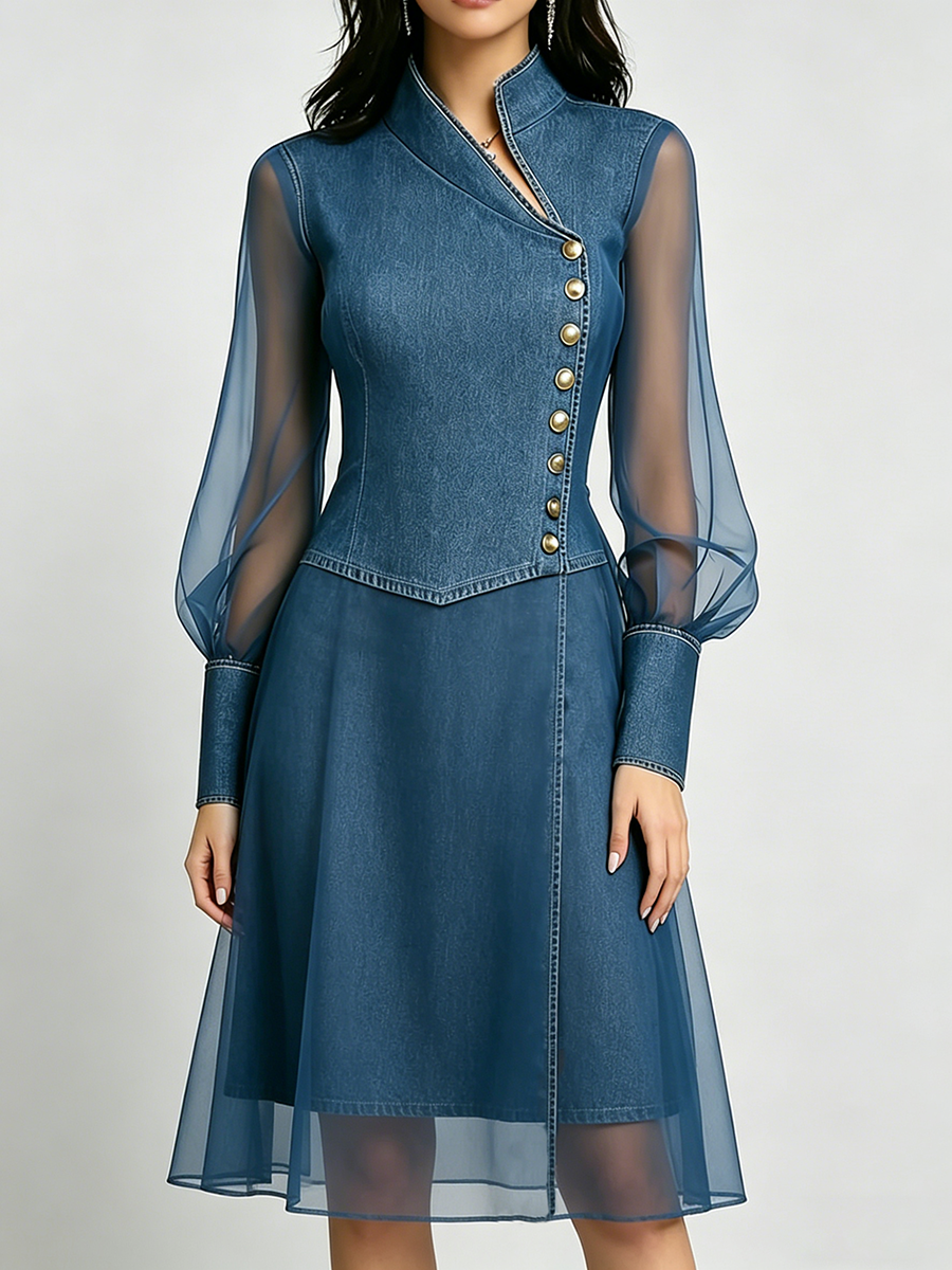 Stylish Stand-collar Organza-paneled Denim Dress