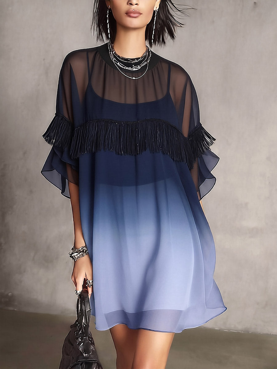 Women's Round-neck 3/4-sleeve Casual Loose-fit Gradient Chiffon Two-piece Dress