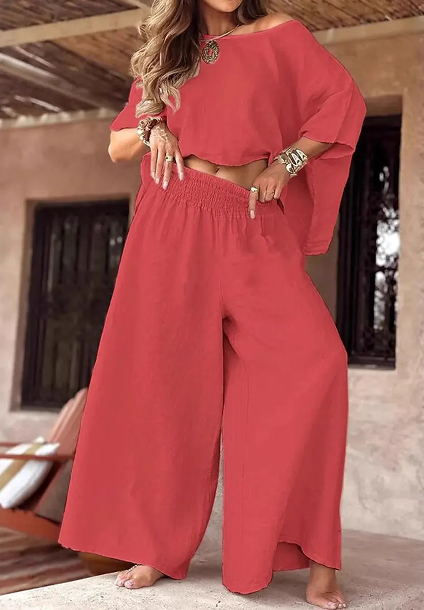 Women's Chic Casual Stylish Cotton Linen Top & Maxi Pants Set