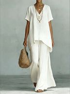 Classic Casual Short-sleeved Linen And Cotton Top And Wide-leg Pants Two-piece Set