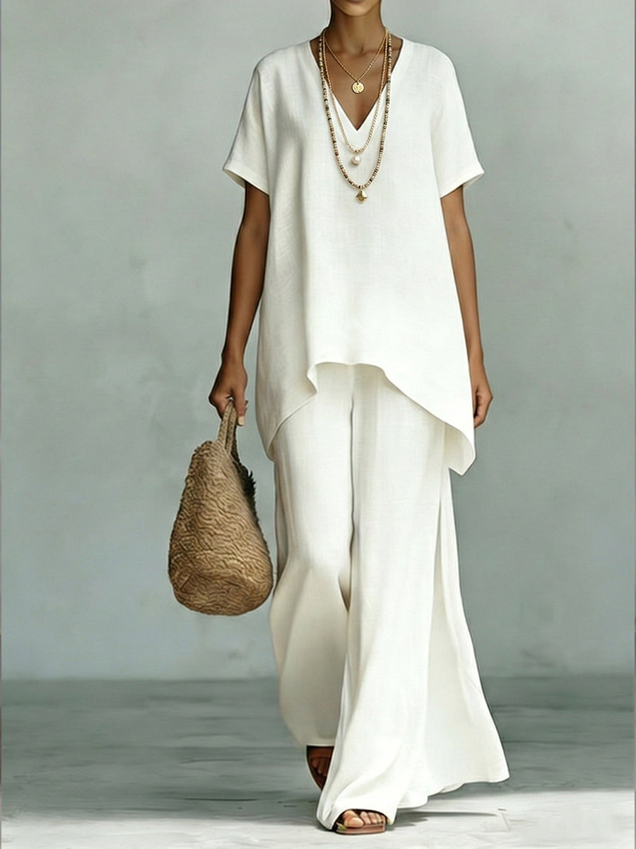Classic Casual Short-sleeved Linen And Cotton Top And Wide-leg Pants Two-piece Set