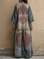 Women's Vintage-print V-neck 3/4-sleeve Loose-fit Cotton-linen Top & High-waisted Wide-leg Pants Set
