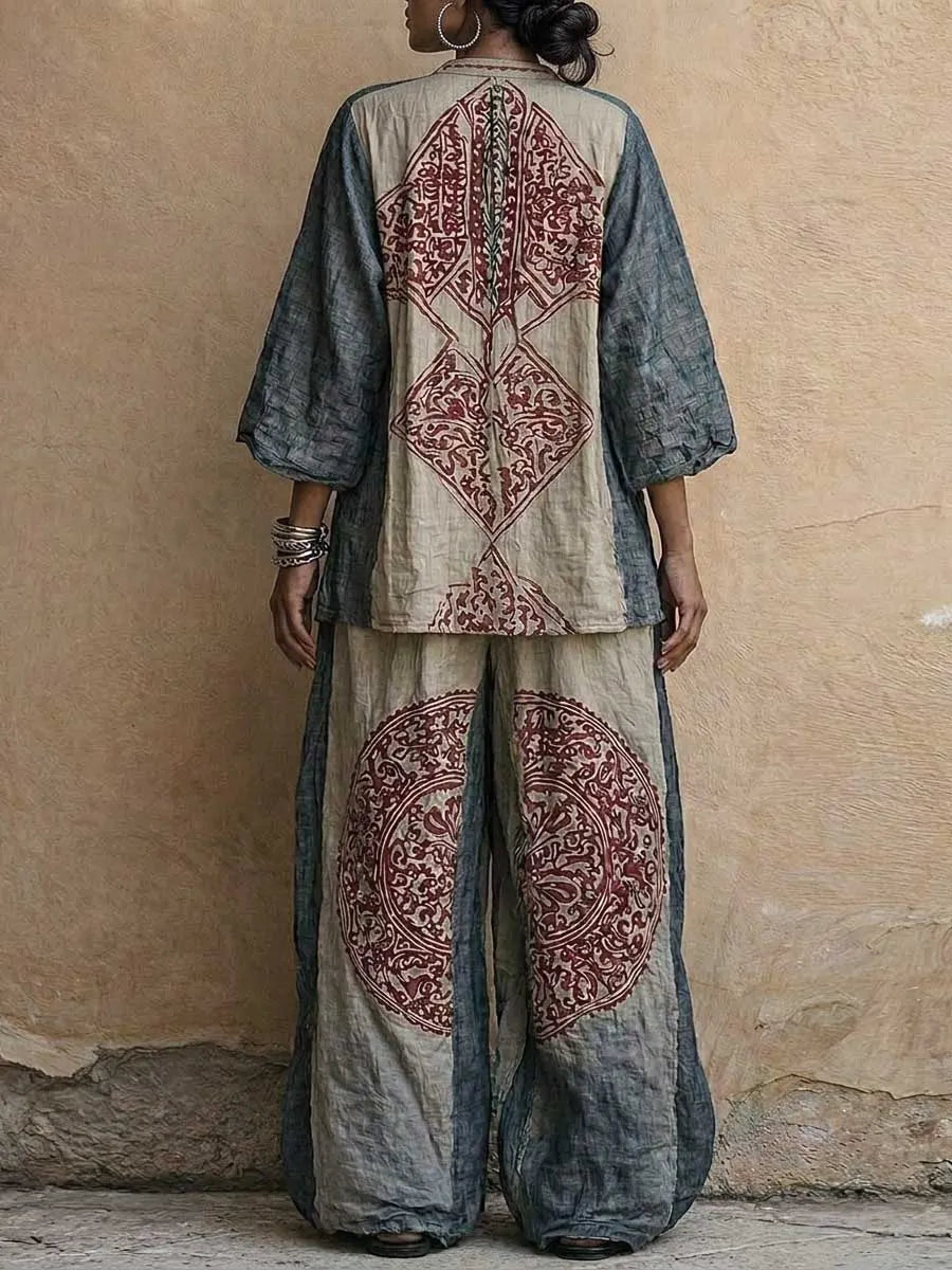 Women's Vintage-print V-neck 3/4-sleeve Loose-fit Cotton-linen Top & High-waisted Wide-leg Pants Set