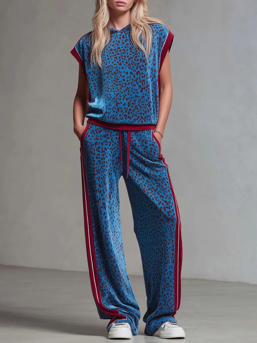 Leopard Print Hooded Sleeveless Top And Velvet Trousers Set