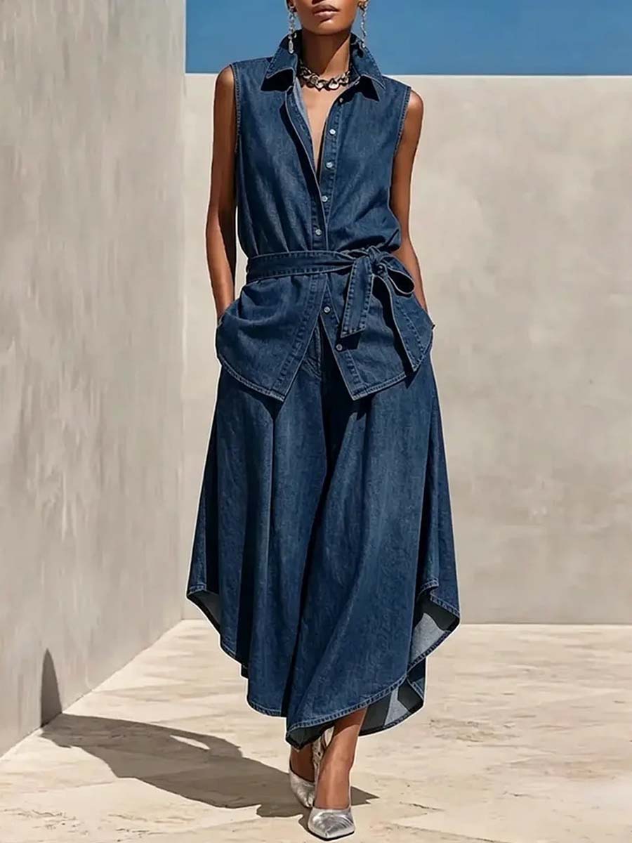 Women's Casual Art Comfortable Loose Top And Wide-leg Pants Denim Two-piece Set