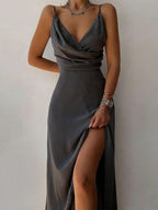 Women's Solid Color Spaghetti Strap V-neck Slit Dress