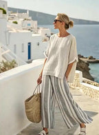 Women'S Loose Slit Contrast Striped Pants Set