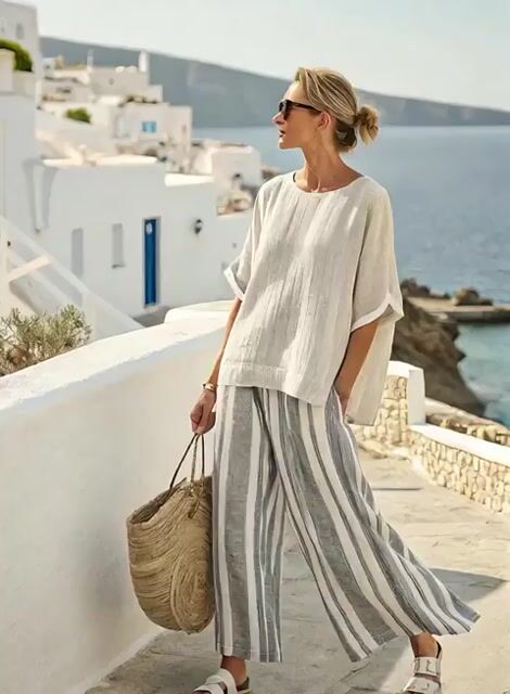 Women'S Loose Slit Contrast Striped Pants Set