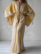 Kimono Ink Wash Linen Tie-strap Top and trousers Two Piece Set