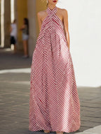 Classic Striped Elegant Vacation Halter Neck Maxi Dress