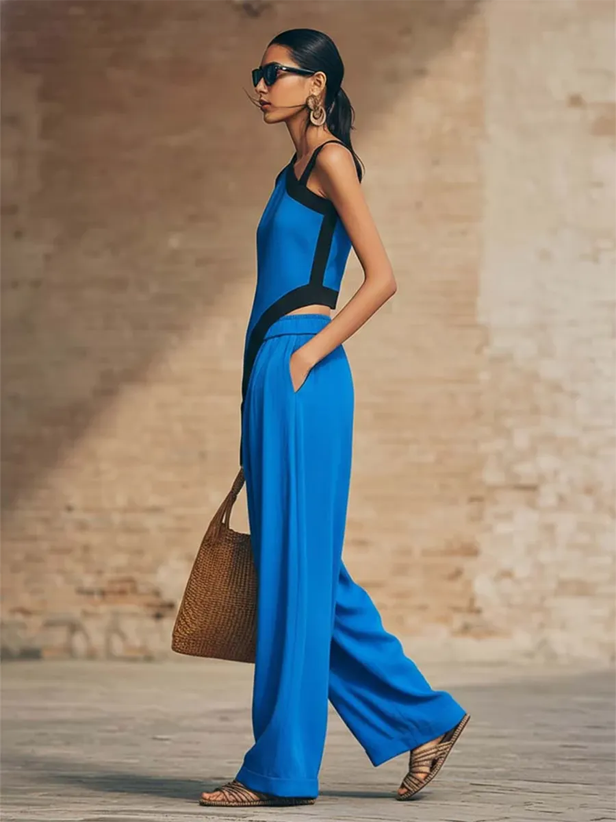 Stylish Irregular Contrast-color Trim Cotton-linen Two-piece Set