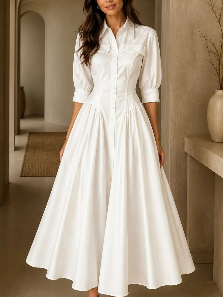 Women's Solid-color A-line Dress â€” Lapel Collar 3/4 Sleeves Loose-fit Cotton-linen Blend