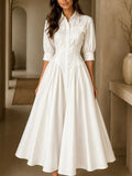 Women's Solid-color A-line Dress â€” Lapel Collar 3/4 Sleeves Loose-fit Cotton-linen Blend