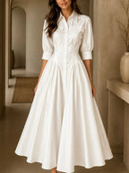 Women's Solid-color A-line Dress â€” Lapel Collar 3/4 Sleeves Loose-fit Cotton-linen Blend