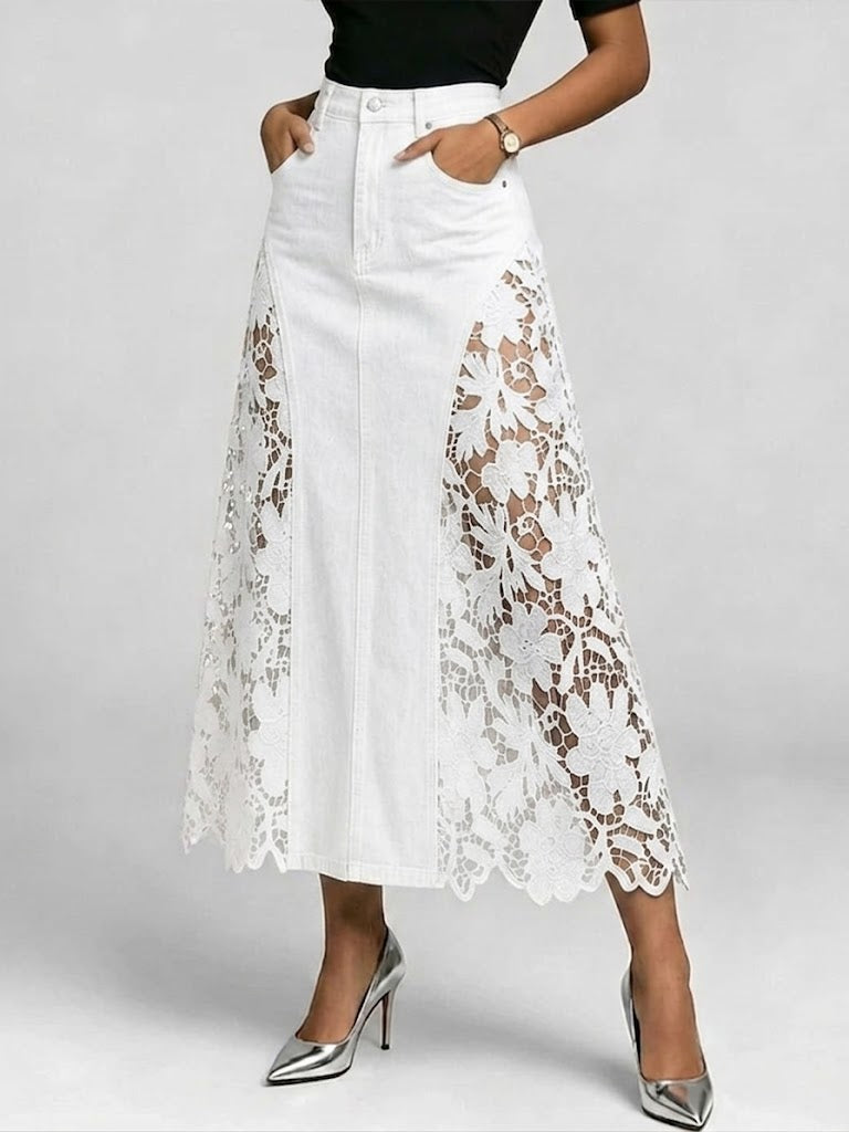 Casual Spliced lace Denim Skirt