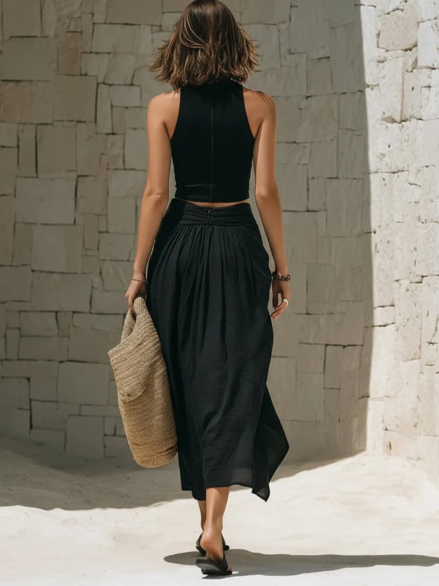 Stylish Casual Two-piece Set: Cotton Vest And Linen-cotton Skirt