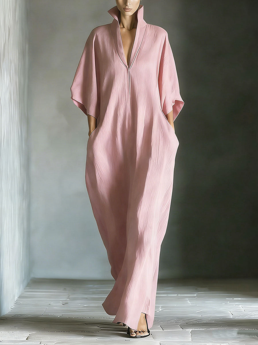 Women's Solid Color Stand Collar 3/4 Sleeve Casual Loose Cotton Linen Dress