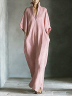 Women's Solid Color Stand Collar 3/4 Sleeve Casual Loose Cotton Linen Dress