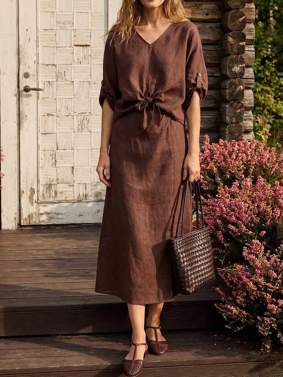 Women's Solid-color Cotton-linen Two-piece Set: Loose-fit V-neck 3/4-sleeve Top & High-waisted A-line Skirt