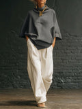 Elegant High-neck Batwing Sleeve Shirt And Wide-leg Cotton-linen Two-piece Set