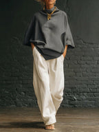 Elegant High-neck Batwing Sleeve Shirt And Wide-leg Cotton-linen Two-piece Set