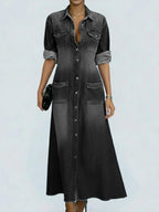 Women's Lapel Long-sleeved Casual Loose Denim Shirt Dress