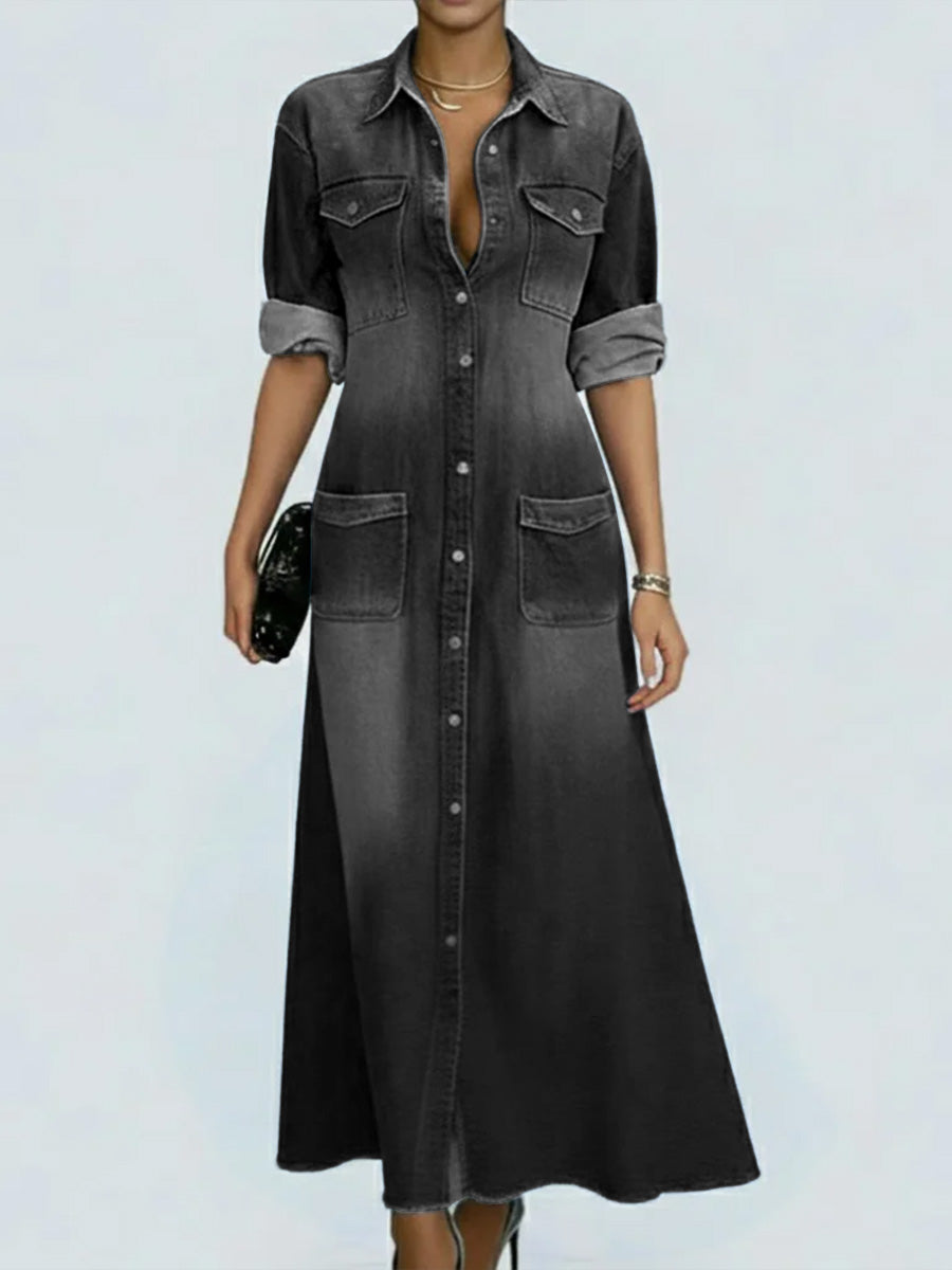 Women's Lapel Long-sleeved Casual Loose Denim Shirt Dress