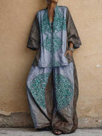 Women's Vintage-print V-neck 3/4-sleeve Loose-fit Cotton-linen Top & High-waisted Wide-leg Pants Set